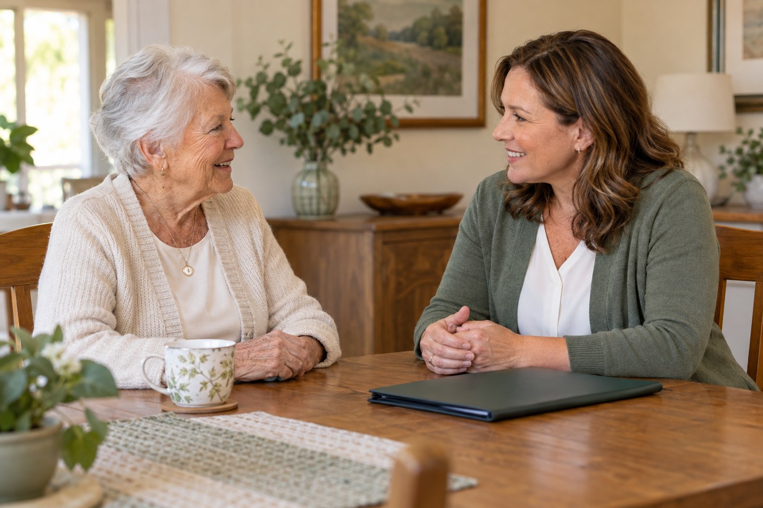 Illustrative scene of an older woman sharing a warm conversation with an advocate