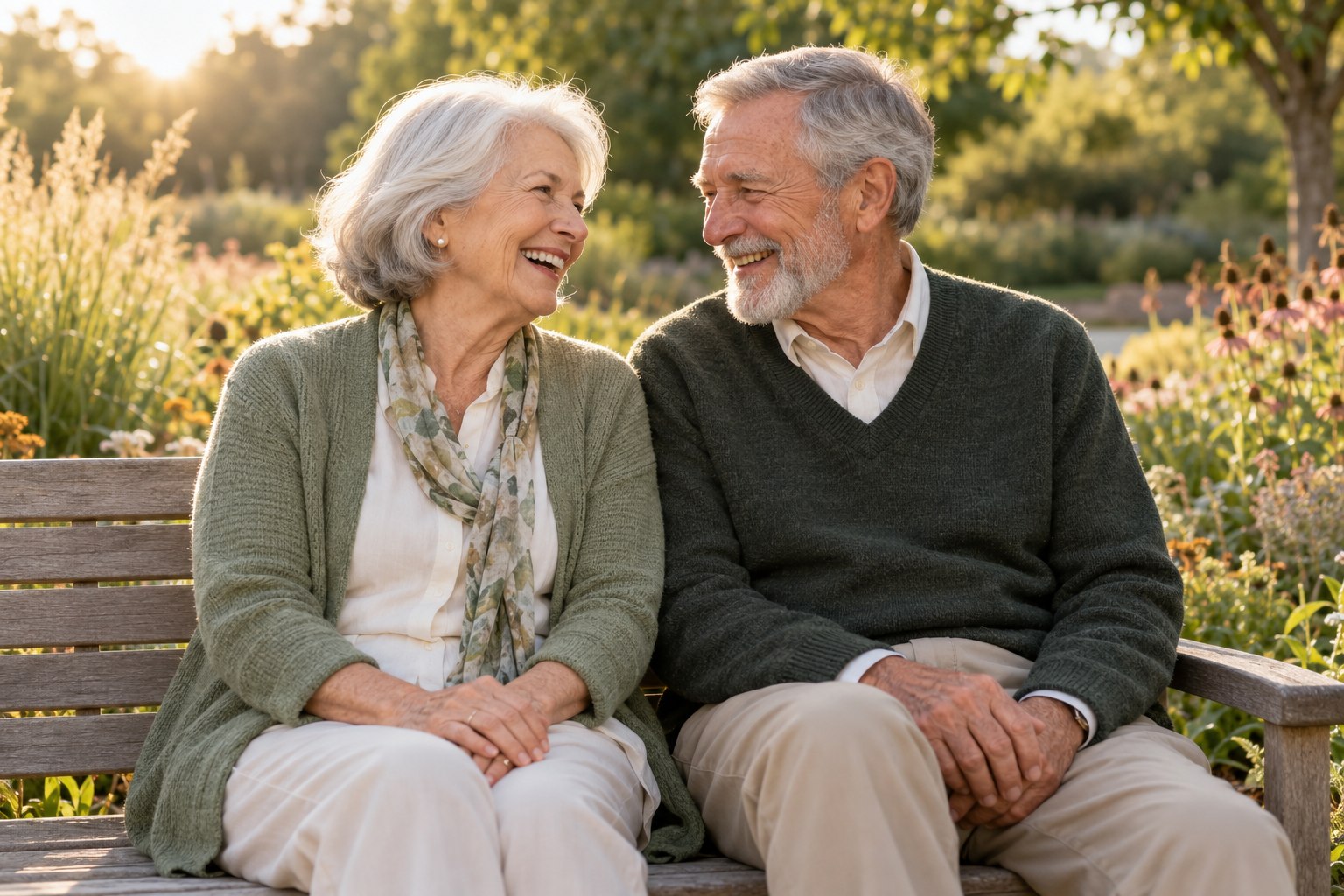Illustrative photograph of a smiling older couple enjoying a garden